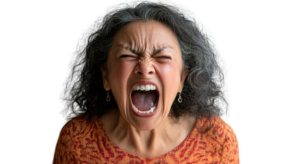 Angry senior woman shouting with transparent background