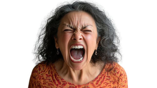 Angry senior woman shouting with transparent background