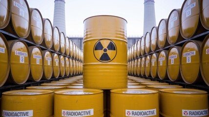 Yellow barrels marked with radioactive symbols in industrial storage area