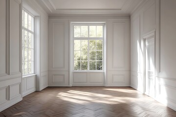 Obraz premium minimalist bedroom with white walls, wooden flooring, large window