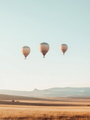 Obraz premium Hot air balloons gracefully floating above a serene field during a clear day. Generative AI