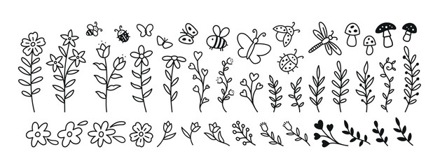 set of flowers, insects, mushrooms and vegetation in doodle style. Vectors isolated on white background for banners, cards, prints, and assorted designs..eps © AZOGUE.art