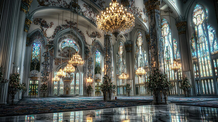 Fototapeta premium Majestic interior of an ornate hall with stained glass windows and elegant chandeliers