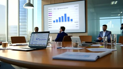 A team of professionals engaged in a dynamic brainstorming session in a sleek, modern conference room.