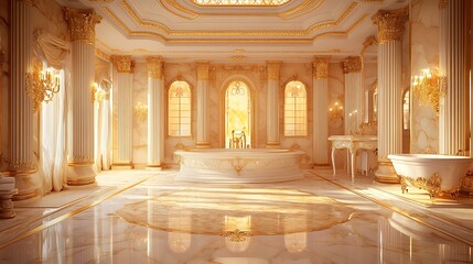 luxury bathroom with marble floors and golden fixtures 