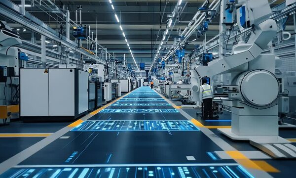 Automated factory floor digital overlay, workers, industry 4.0