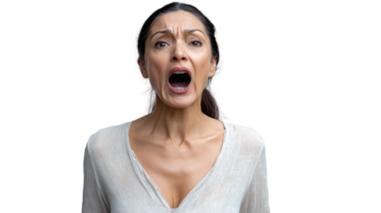 Woman shouting with transparent background: stress and anger concept