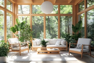 Obraz premium modern sunroom with indoor plants and natural wood furniture