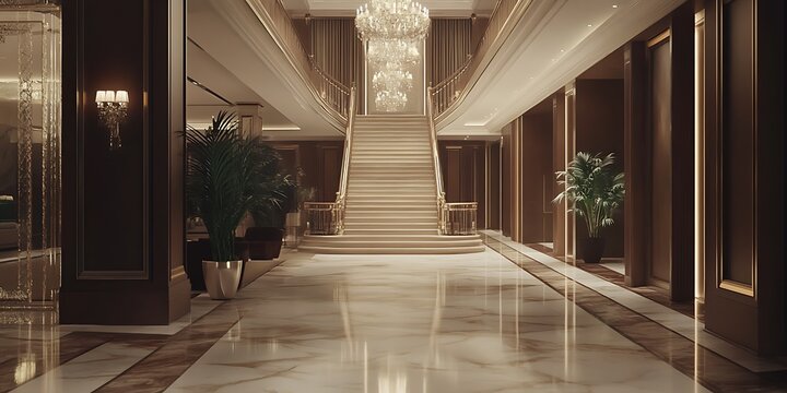 elegant hallway with marble floors and grand staircase