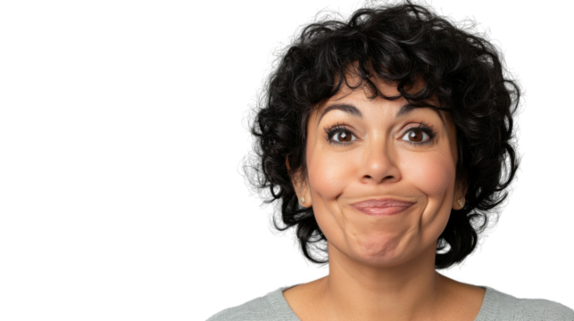 Brunette mature woman biting her lip on transparent background - Powered by Adobe