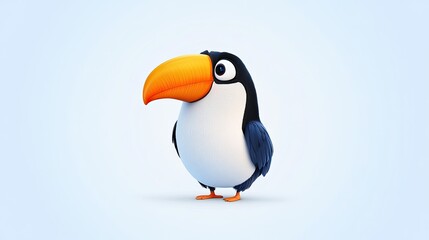 Fototapeta premium Colorful cartoon toucan character standing against a light blue background, vibrant and playful