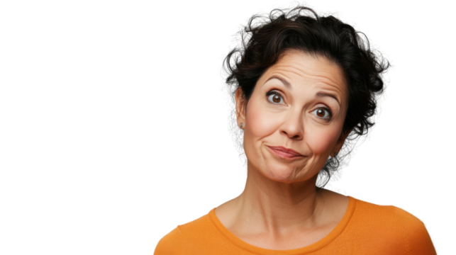 Pensive mature woman making a funny face on transparent background