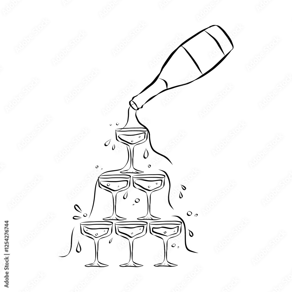 Poster Coquette aesthetic elements of hand drawn line art. Champagne Cascade in simple crayon and sketch style. Symbols for Valentine day and invitations templates. Doodle vector illustration