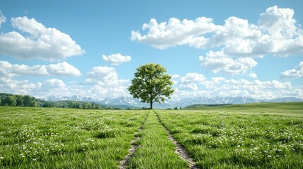 Lone tree in spring meadow, mountain backdrop, peaceful nature scene, ideal for travel brochures
