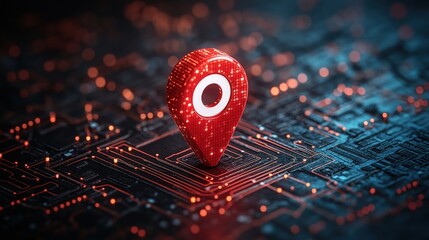 Red location pin on a circuit board with a black background in a minimalistic design