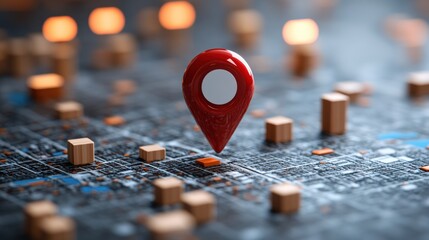 Red pin marker on a map highlighting urban buildings and locations for navigation and planning purposes