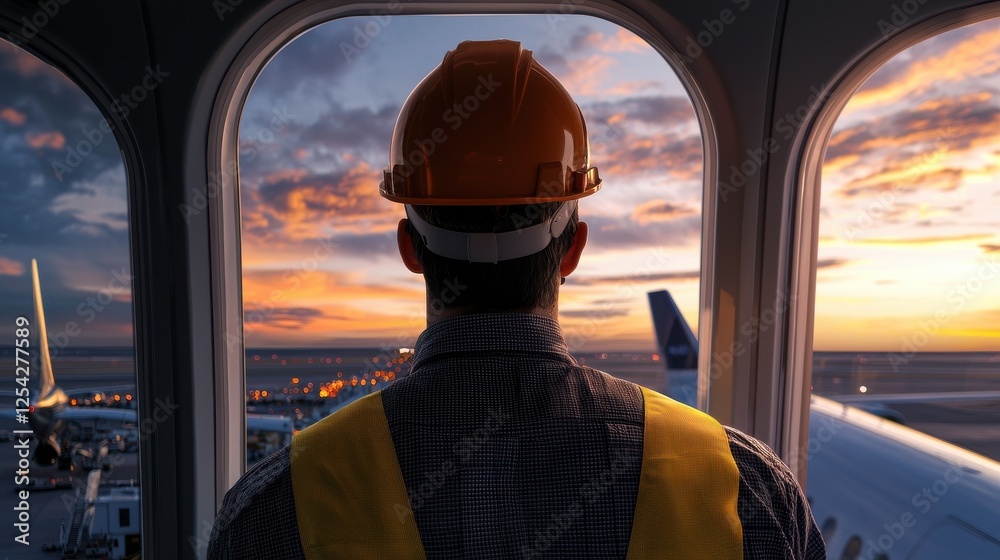 Poster a man in a hard hat is looking out of a window on an airplane