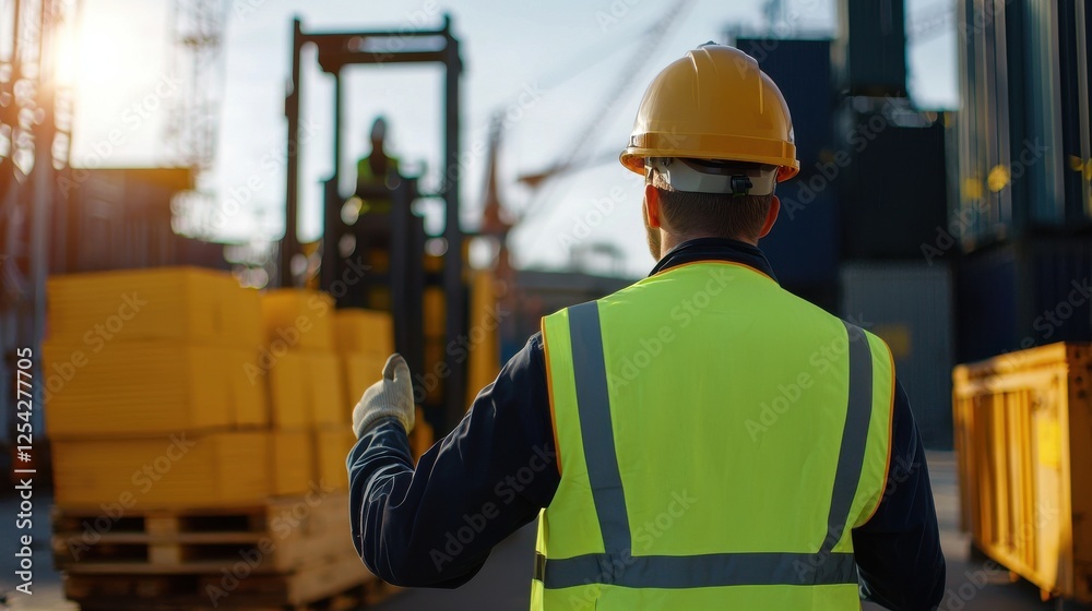 Poster a man in a yellow vest and a hard hat is standing in front of a pile of boxes