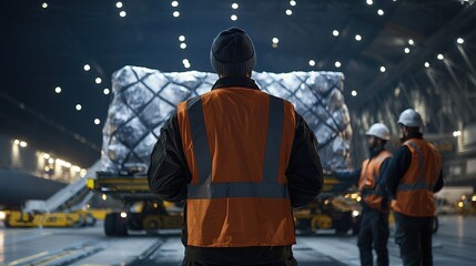 A man in an orange vest is standing next to a large cargo plane