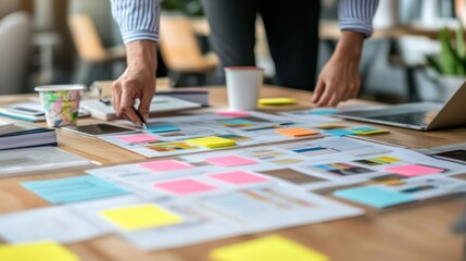 Fototapeta premium Workspace with documents and colorful sticky notes.