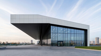 Obraz premium Modern exhibition hall with interwoven steel structure and large glass facade, showcasing architectural innovation and design