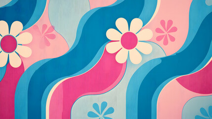 Retro 70s Floral Pattern Background Abstract Pink, Blue and White Wave Design