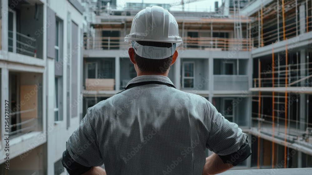 Poster a man wearing a hard hat stands in front of a building