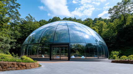 modern glass paneled dome structure surrounded by lush greenery, showcasing unique architectural design