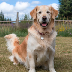 Friendly golden retriever dog posing outdoors with a smile