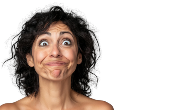 Expressive woman making funny face on transparent background