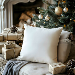 a white square cushion against vintage christmas setting
