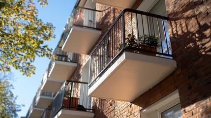 Fototapeta premium Sunny apartment balconies, brick building, autumn leaves. Real estate listing image