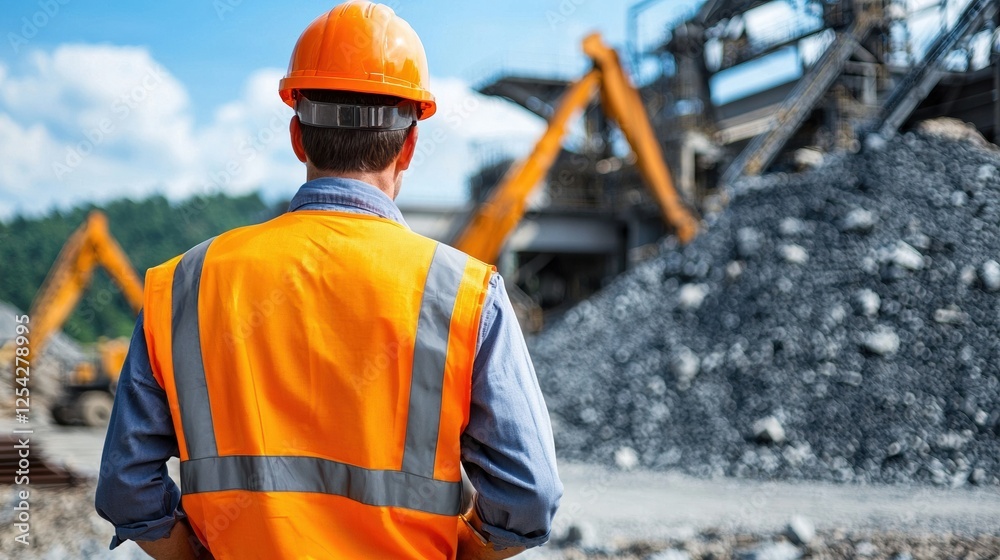 Poster a man in an orange safety vest stands in front of a pile of rocks