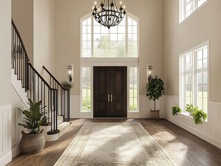 elegant home entrance with high ceilings and grand chandelier
