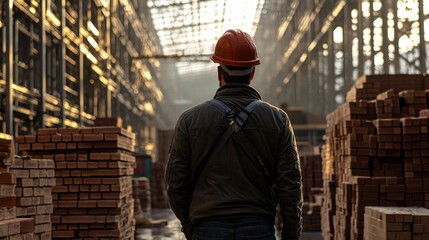 A man in a hard hat walks through a warehouse full of bricks
