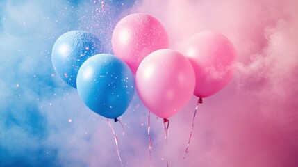 Colorful Balloons in Blue and Pink with Glitter and Smoke for Celebrations and Festive Occasions