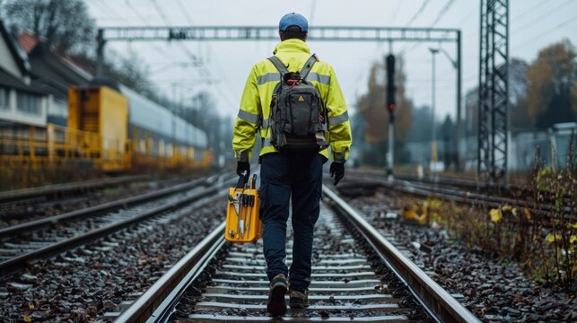 A man in a yellow jacket and a backpack is walking on railroad tracks