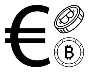 Euro symbol and two Bitcoin coins showcasing the intersection of traditional fiat currencies and cryptocurrency. Ideal for finance, banking, cryptocurrency, fintech, economy, investments, and digital