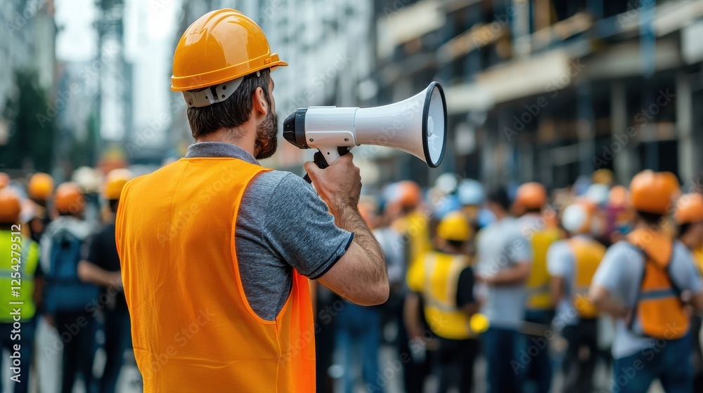 Poster a construction worker with a megaphone is directing traffic