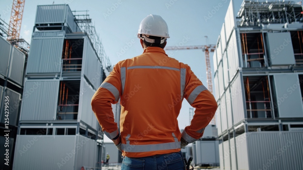 Poster a construction worker in an orange jacket stands in front of a row of buildings