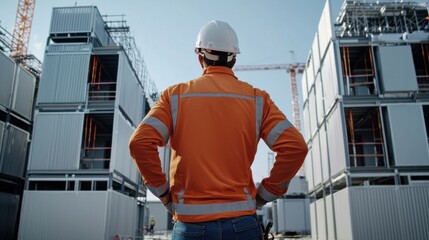 A construction worker in an orange jacket stands in front of a row of buildings