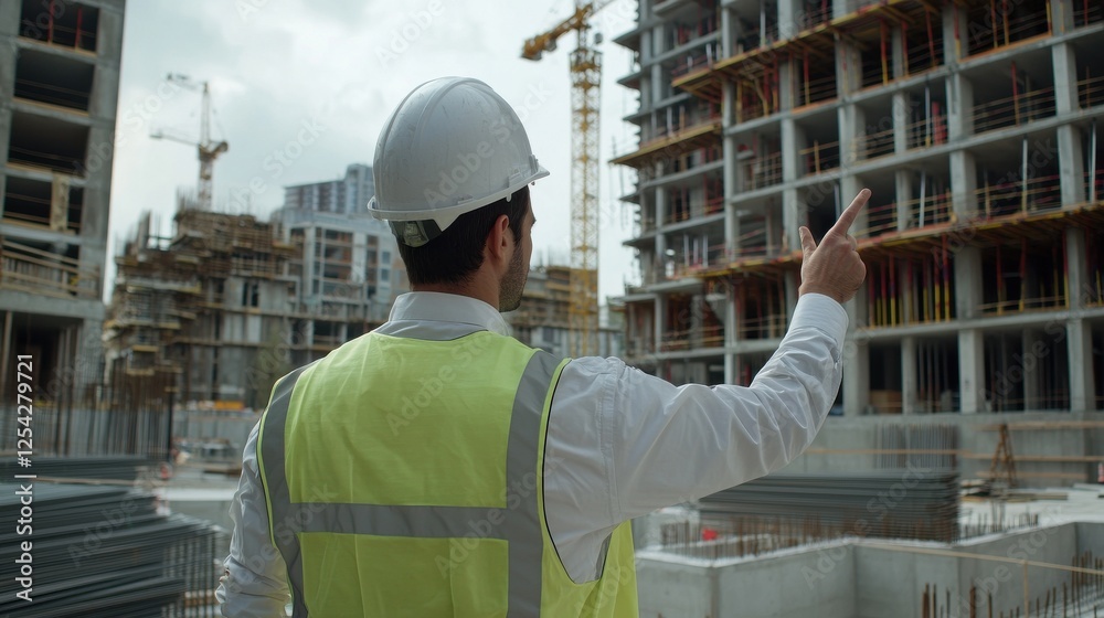Poster A construction worker points to a building in the distance
