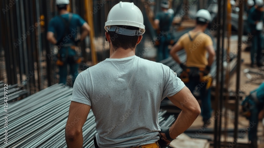 Aufkleber a man in a grey shirt and a white helmet stands in front of a group of workers