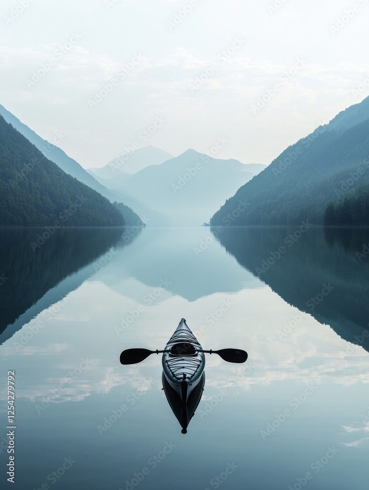 Poster calm morning kayak journey on a serene mountain lake surrounded by misty peaks. generative ai