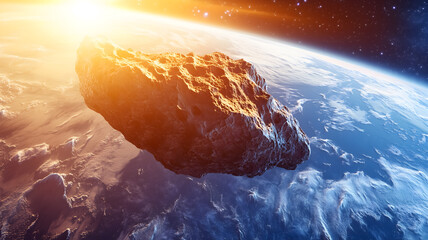Asteroid approaching planet Earth. Its a mix of rock, ice, and metallic elements, reflecting the harsh light of the distant Sun. Surface scarred and cratered from eons of cosmic collisions. AI
