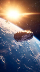 Asteroid approaching planet Earth. Its a mix of rock, ice, and metallic elements, reflecting the harsh light of the distant Sun. Surface scarred and cratered from eons of cosmic collisions. AI