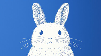 Fototapeta premium Minimalist white rabbit sitting peacefully against blue backdrop