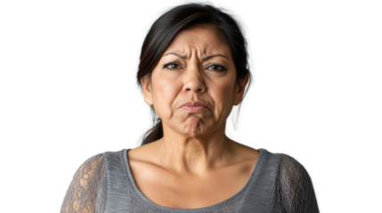 Mature hispanic woman showing disgust and displeasure on transparent background