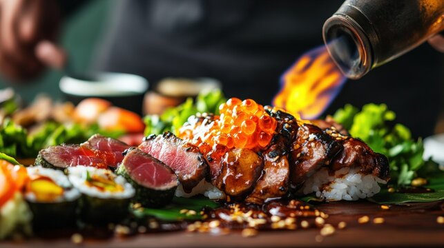 Person pouring sauce on a plate of food while sushi chef torches aburi nigiri piece in a restaurant kitchen