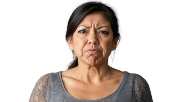 Mature hispanic woman showing disgust and displeasure on transparent background
